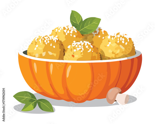 Golden pumpkin meatballs arranged in a rustic carved pumpkin bowl, a delicious and wholesome autumn dish - Vector Illustration