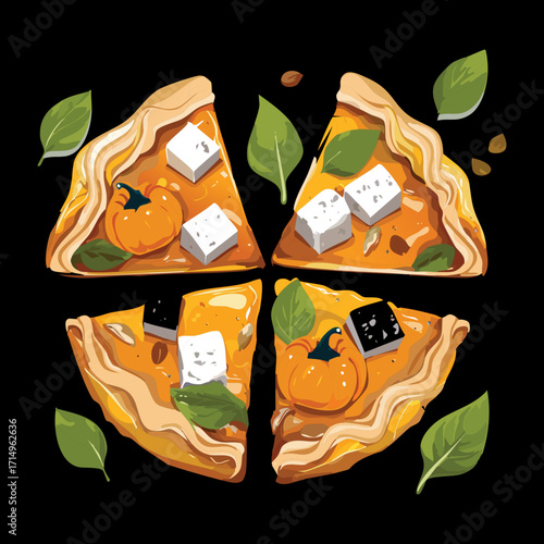 A delicious pumpkin quiche sliced into four pieces, topped with herbs and cheese, ready to be served - Vector Illustration