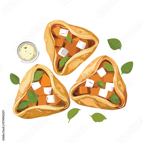 Three slices of savory pumpkin pie, each topped with a delicate piece of cheese and a mint leaf garnish - Vector Illustration