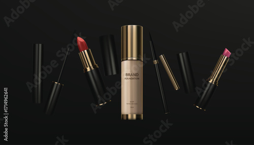 Vector art of cosmetic products including lipstick, mascara, and foundation