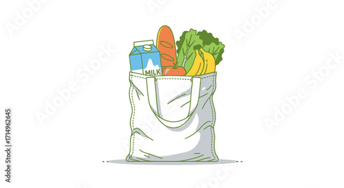 A hand-drawn illustration of a reusable white canvas tote bag filled with fresh groceries like milk carrots lettuce and bananas.