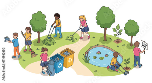 Diverse Children Actively Cleaning and Maintaining a Park Environment.