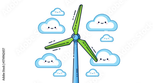 Cartoon Wind Turbine with Cute Clouds.