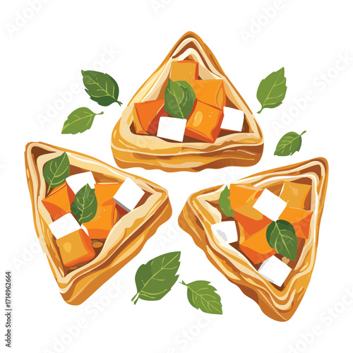 Savory pumpkin pastry triangles topped with feta cheese and mint leaves, a perfect small bite or appetizer - Vector Illustration