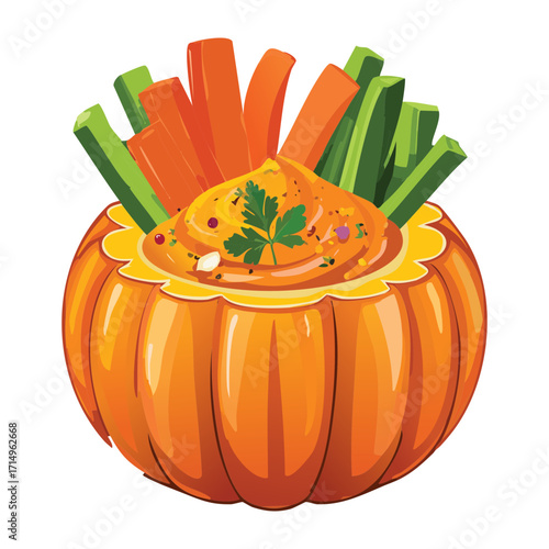A carved pumpkin bowl filled with a delicious savory dip, surrounded by fresh vegetable sticks for dipping - Vector Illustration