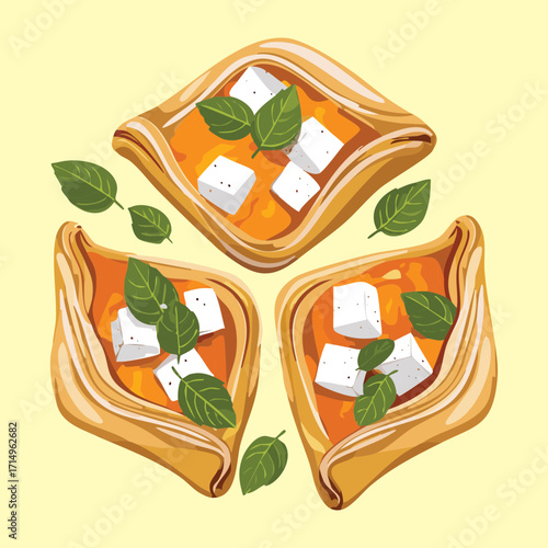 Triangular slices of savory pumpkin pie topped with cheese and fresh herbs, an elegant appetizer or snack - Vector Illustration