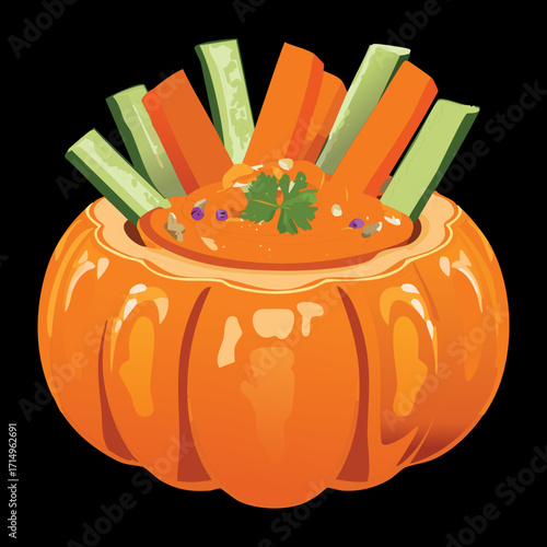 A festive carved pumpkin bowl filled with a savory dip, surrounded by fresh vegetable sticks for a party snack - Vector Illustration