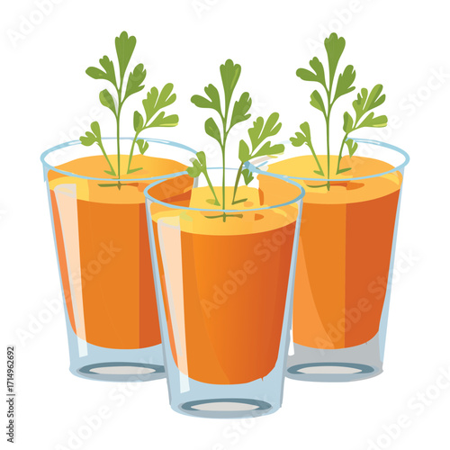tall glasses of fresh carrot juice with leafy tops, a healthy and refreshing drink for a boost of energy - Vector Illustration