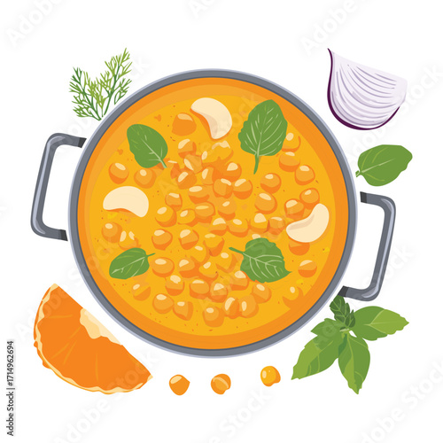 A vibrant pot of rich pumpkin and chickpea stew, seasoned with fresh herbs and spices, a perfect autumn dish - Vector Illustration