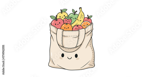 Adorable Cartoon Tote Bag Overflowing with Fresh Fruits.