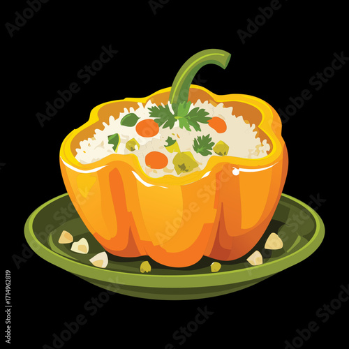 A whole stuffed pumpkin filled with seasoned rice and bell peppers, a warm and inviting dish for the holidays - Vector Illustration