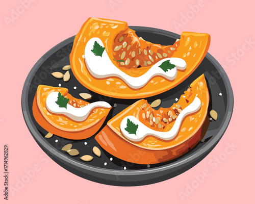 Close-up of roasted pumpkin slices on a plate with a dollop of creamy sauce and fresh herbs for a gourmet side dish - Vector Illustration