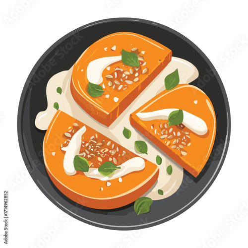 Delicious roasted pumpkin slices artfully arranged on a plate with a creamy sauce and sesame seeds for garnish - Vector Illustration