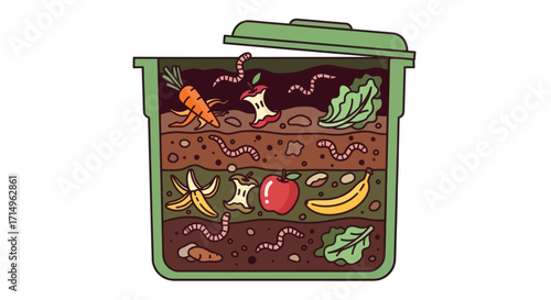 Cross-section illustration of a compost bin with layered organic waste and earthworms.