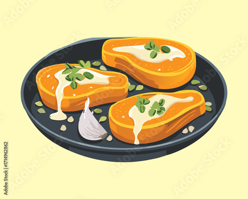 Plate of oven-roasted pumpkin slices, caramelized and tender, seasoned with garlic, herbs, and savory spices for a meal - Vector Illustration