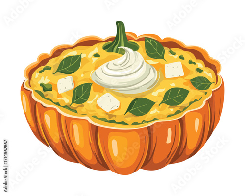 A delectable pumpkin quiche in a fluted tart pan, topped with cheese, fresh herbs, and a savory cream filling - Vector Illustration