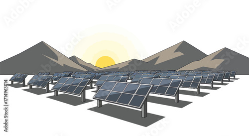 Vast Array of Solar Panels Under a Mountainous Sunset.