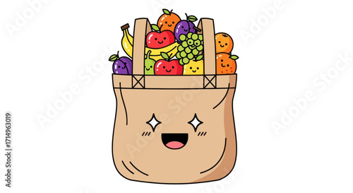 Cute Cartoon Tote Bag Overflowing with Colorful Fruits Featuring a Smiling Face.