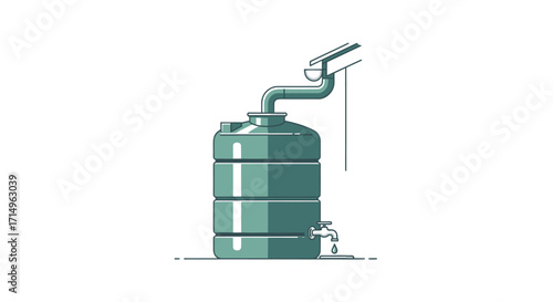 Green stacked water barrel with downspout and tap.