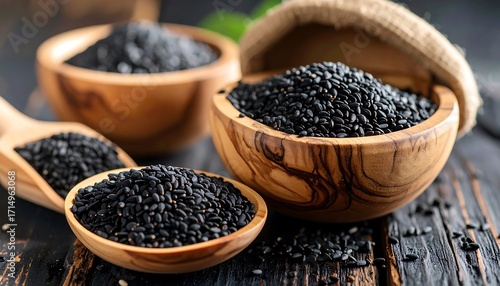 Black seeds in wooden bowls