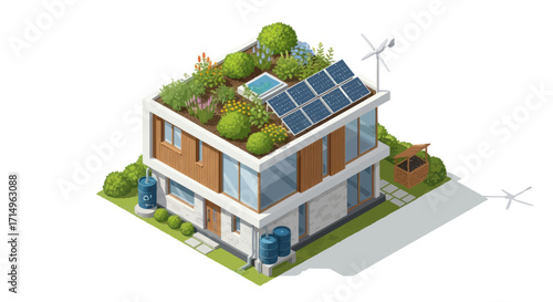 Modern Eco-Friendly House with Green Roof and Solar Panels.