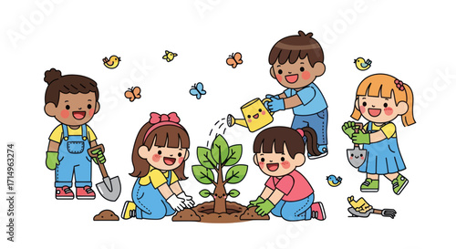 Diverse group of children happily planting a tree together outdoors.
