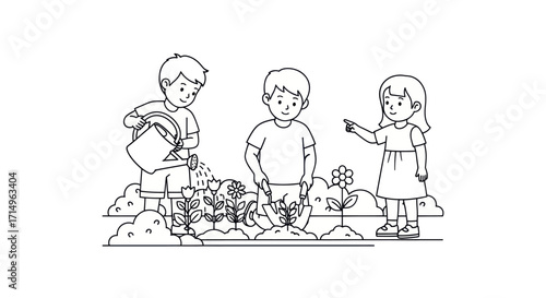 Three children tending to a garden with watering can and pointing.