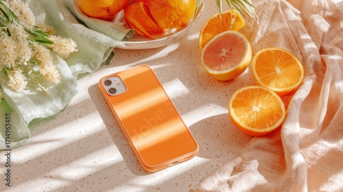 Flat lay of an orange smartphone placed on a light table surrounded by halved oranges, grapefruit, and white flowers under natural sunlight.