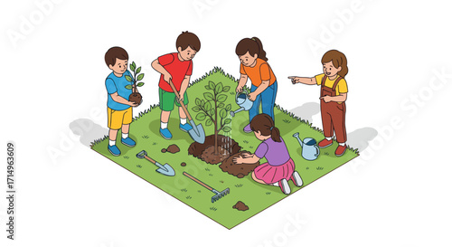 Children Planting a Tree Together in a Garden Illustrative Style.