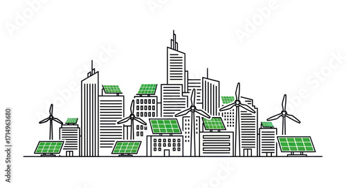 Futuristic Eco-Friendly Cityscape with Renewable Energy Sources.