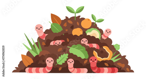 Cartoon Compost Pile with Happy Worms and Organic Waste.