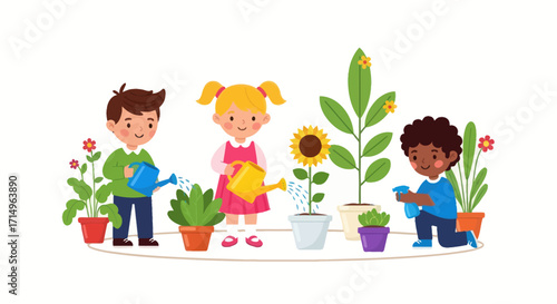 Three diverse cartoon children happily watering various potted plants and flowers together.
