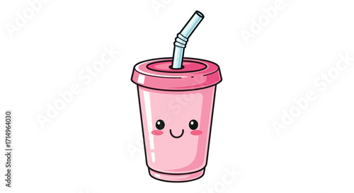 Adorable Kawaii Pink Drink Cup with Straw and Cute Face.