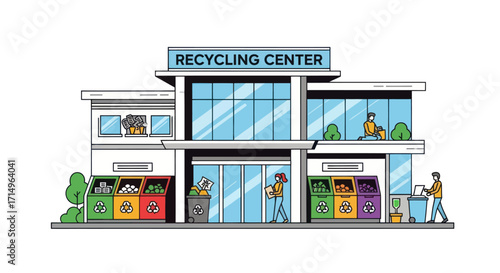 Modern Recycling Center Building with People and Bins.