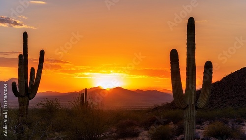 Majestic Saguaro Cactus Silhouetted Against A Golden Desert Sunset