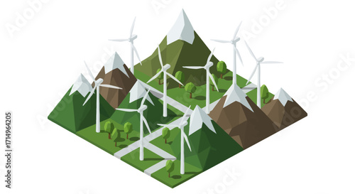 Low-Poly Isometric Wind Farm Landscape with Mountains and Green Hills.