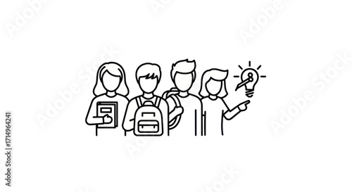 Doodle illustration of a diverse student team with a bright idea lightbulb.