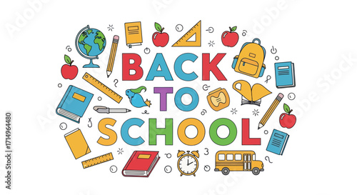Vibrant Back to School text surrounded by colorful educational icons and school supplies.