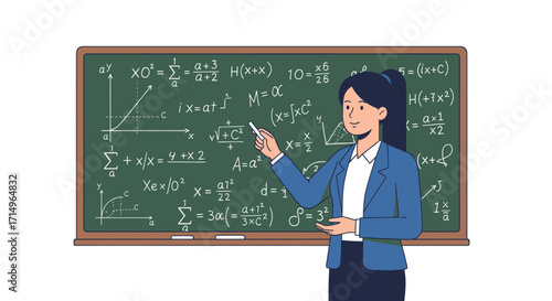 Smiling Female Teacher Explaining Complex Mathematics on Green Classroom Blackboard.