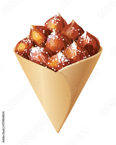 A paper cone filled with crispy, powdered sugar-dusted pumpkin fritters, a perfect autumn snack - Vector Illustration