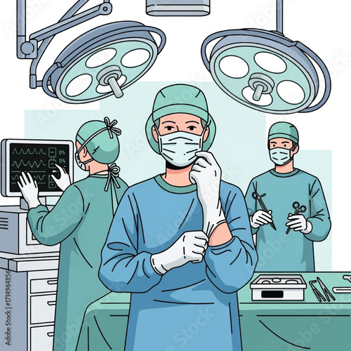 Illustration of a medical team of surgeons in an operating room preparing for a procedure.