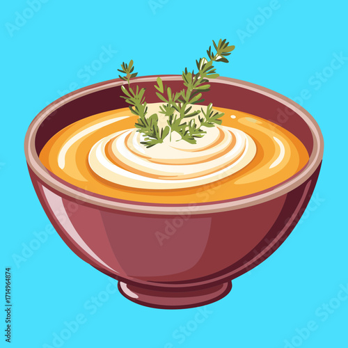 A rich and creamy bowl of pumpkin soup with fresh thyme and a drizzle of olive oil - Vector Illustration