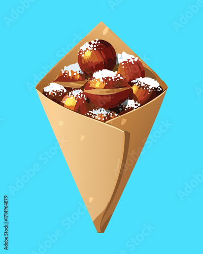 A paper cone filled with a pile of golden-brown fried arancini balls with cheese filling - Vector Illustration