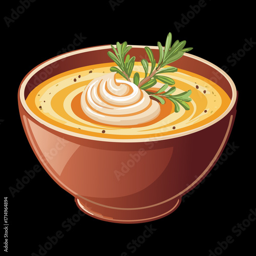 A bowl of creamy mushroom soup with a swirl of cream and fresh chives, ready to eat - Vector Illustration