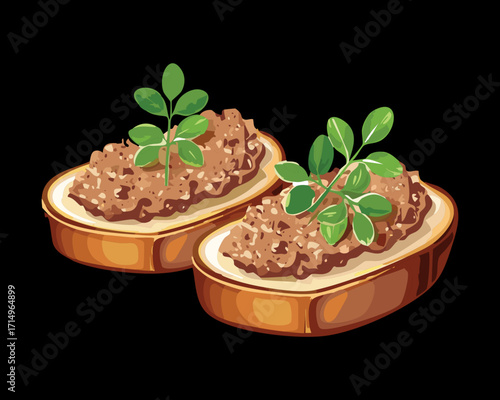 Two slices of crunchy bruschetta topped with a savory mushroom paste and fresh green sprouts - Vector Illustration