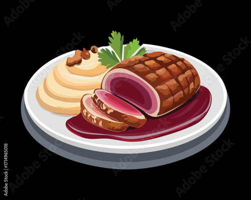 Beautifully cooked beef roast with a rich red wine sauce and mashed potatoes on a plate - Vector Illustration