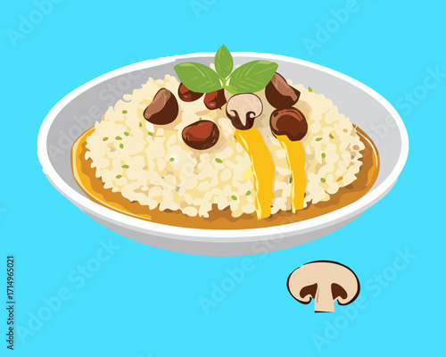Hearty brown rice risotto with mushrooms and parmesan cheese, served with fresh herbs on top - Vector Illustration