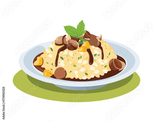 Creamy mushroom risotto with a sprinkle of cheese and fresh parsley, served on a round plate - Vector Illustration