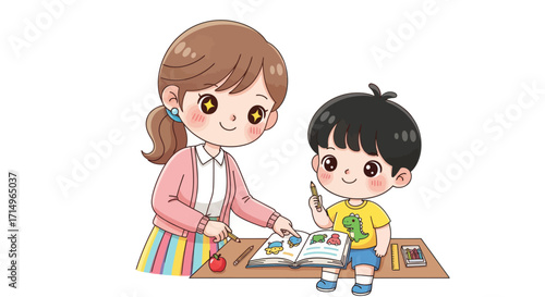 Cartoon Teacher Helping Young Boy Student with Schoolwork at Desk.