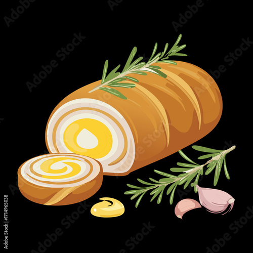  Sliced cooked turkey roll with a creamy cheese filling and fresh rosemary sprigs on top - Vector Illustration